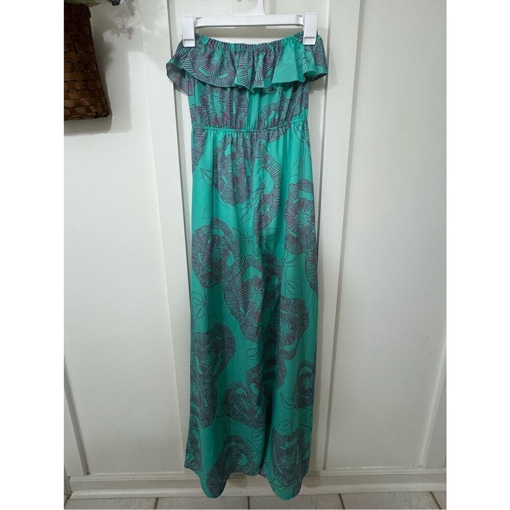 Black Bead Teal Strapless Floral Maxi Dress